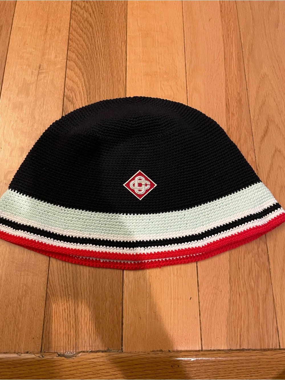 Casablanca Black Knit Bucket Hat with Red & Mint Stripe